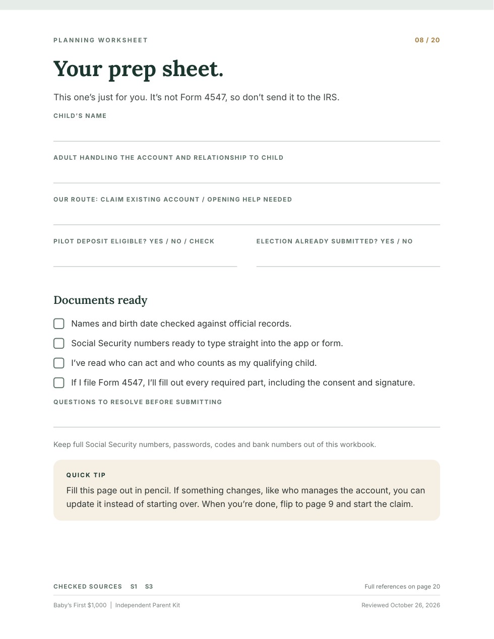 Printable prep worksheet from the parent kit